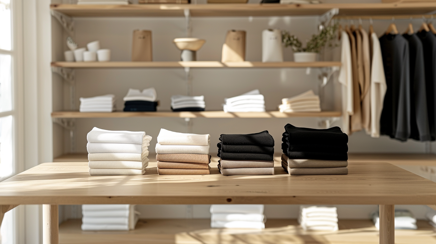 Folded T-Shirts on a wooden counter